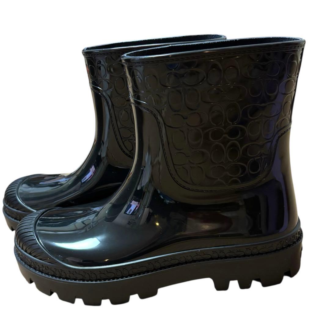 美品　コーチ　レディースレインブーツ　シグネチャー　黒