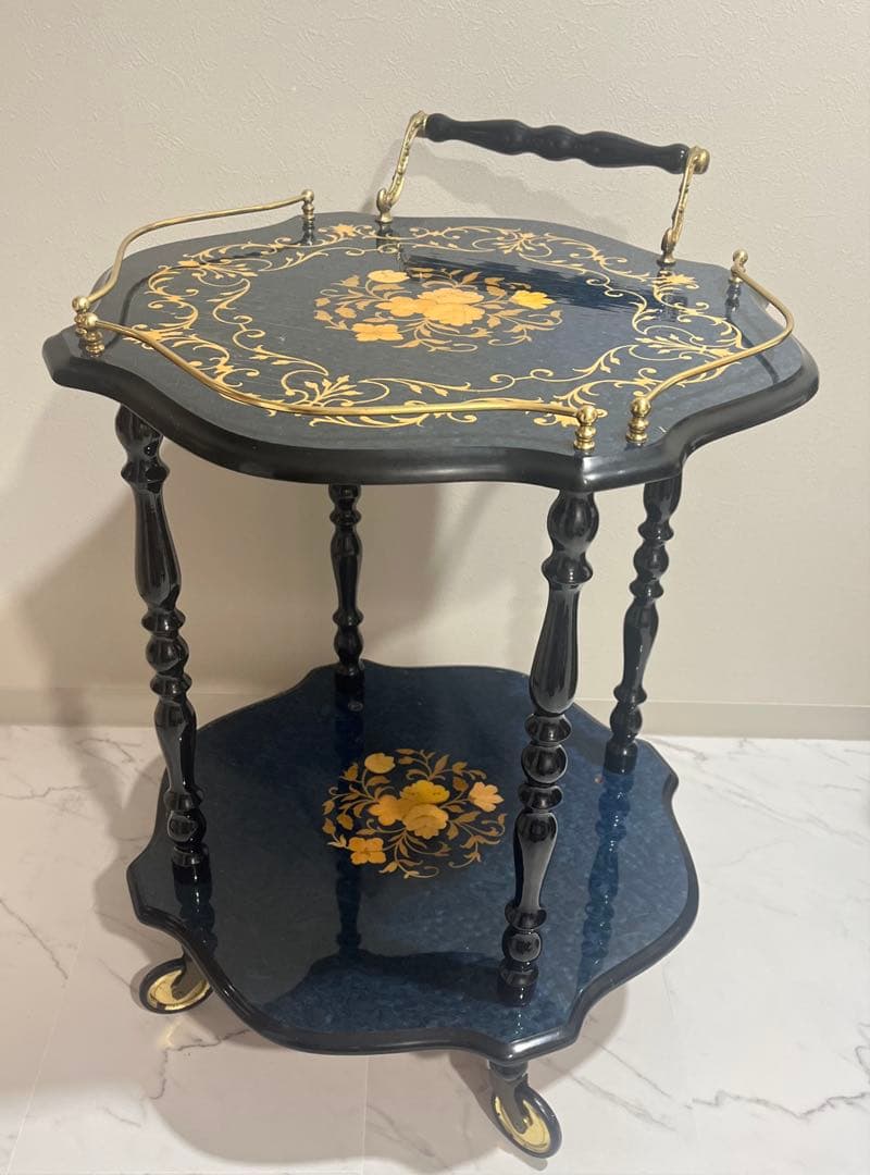 イタリア製DOMANI キャスター付き 木象嵌ワゴン　ブルー　キッチンワゴン