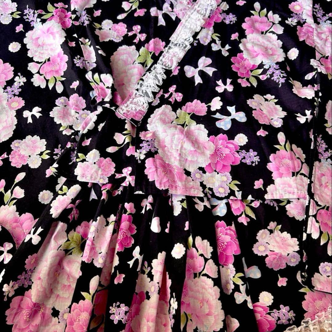浴衣ドレス♡黒ピンク♡リボン柄150160ML♡②