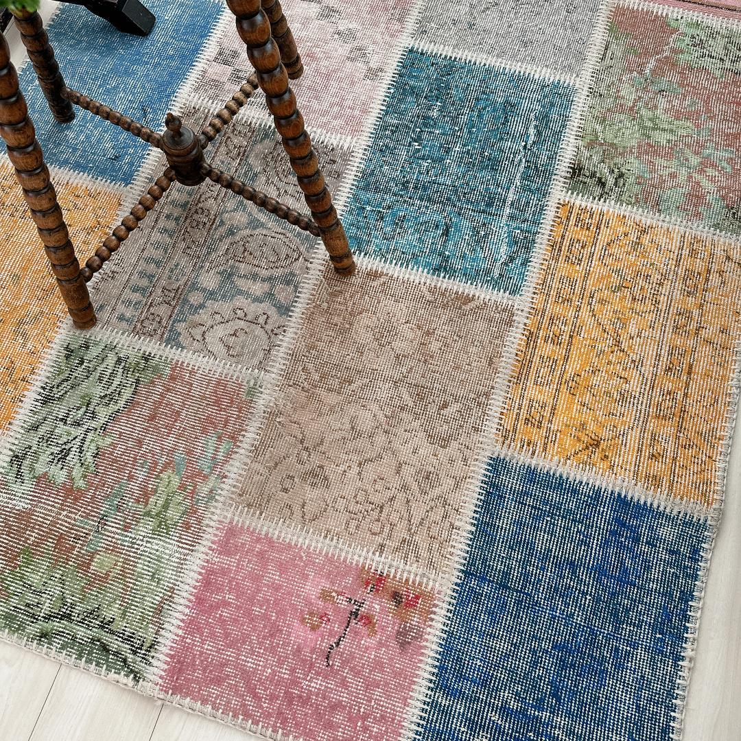 トルコ製ヴィンテージラグ915 レア 高級 ブルー イエロー パッチワーク