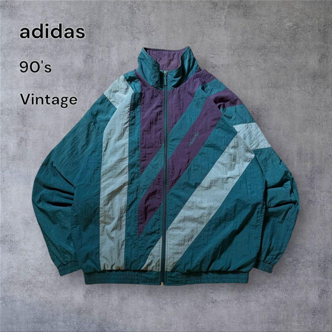 1501 古着90年代adidasナイロンジャケット刺繍ロゴ好配色マルチカラー