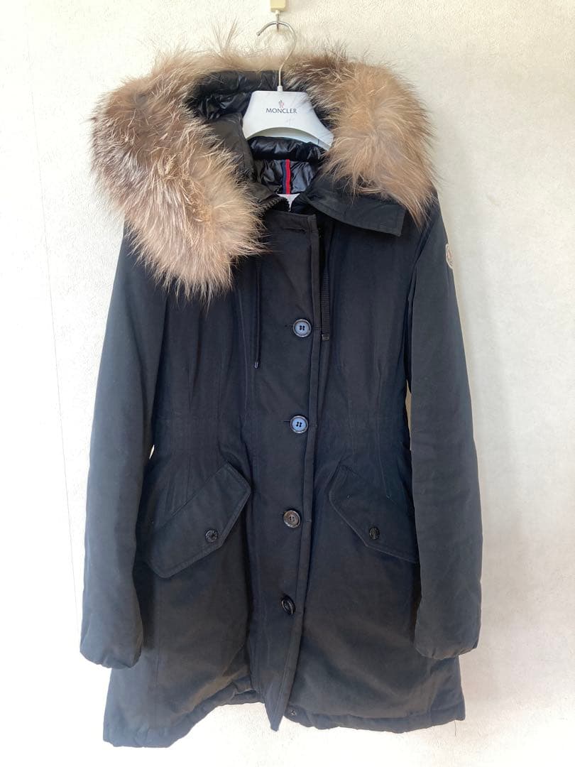 モンクレール　ダウンコート　リアルファー　黒　0 ダウンジャケット