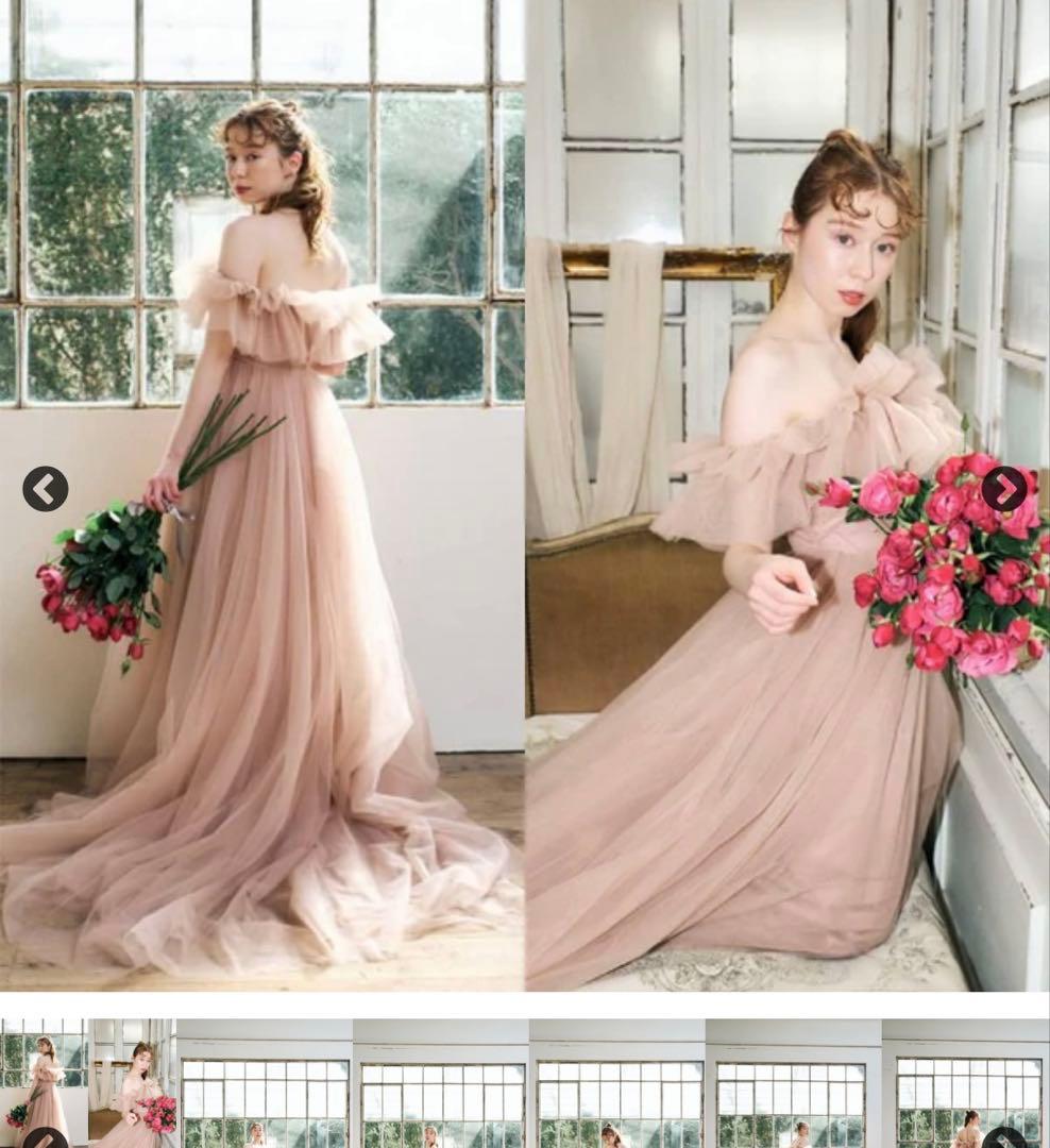 よ*ゅ様 ドレスプロダクション　フリルオフショルダーチュールドレス　ピンクブラウ