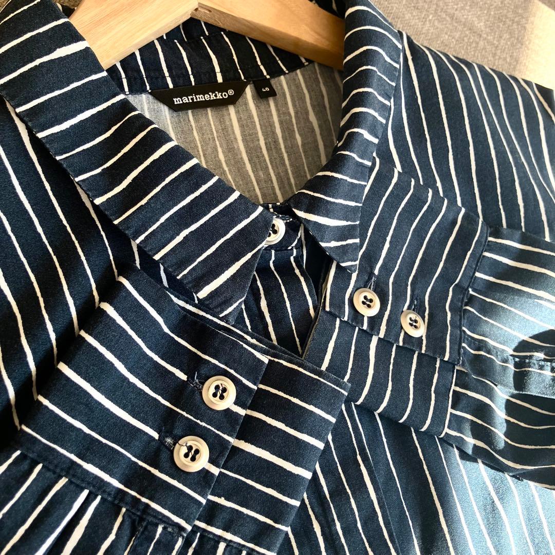 【美品】マリメッコ　シャツワンピース　PICCOLO 縦縞　銀ボタン　ピッコロ