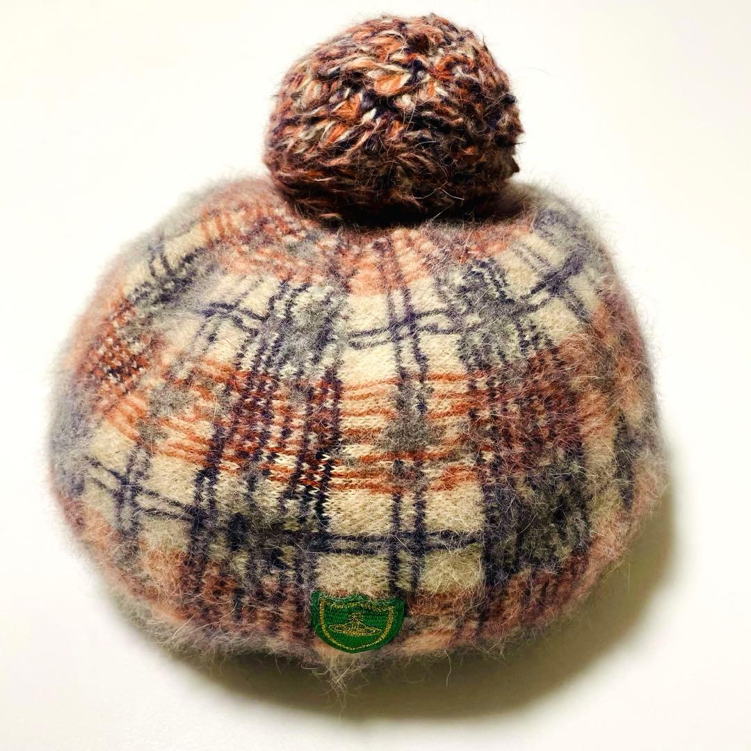 ヴィヴィアンウエストウッド　チェック柄 ベレー帽　アンゴラ　ウール　オーブ